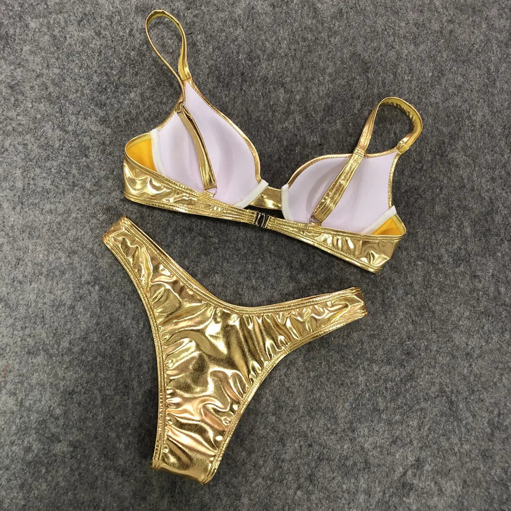 Sexy Metallic Brazilian Bikini Push Up Silver Golden
