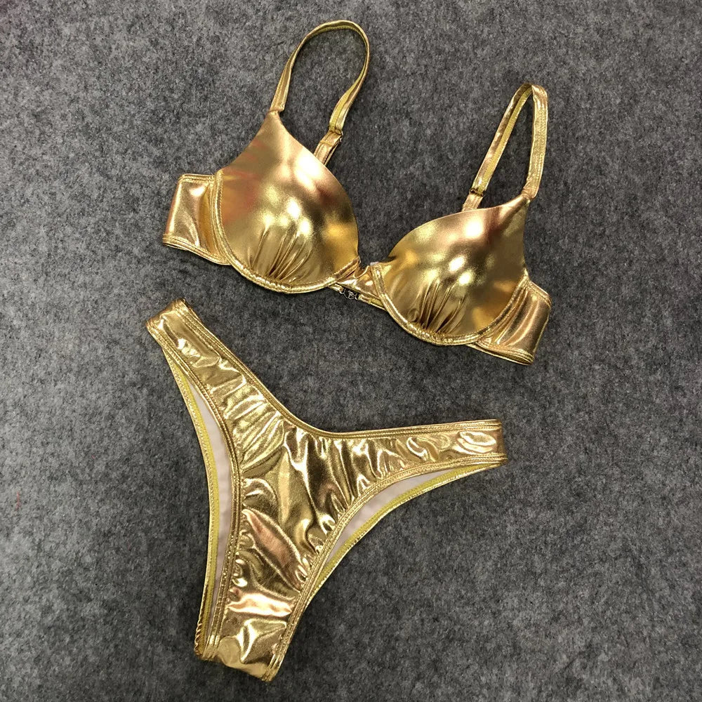 Sexy Metallic Brazilian Bikini Push Up Silver Golden