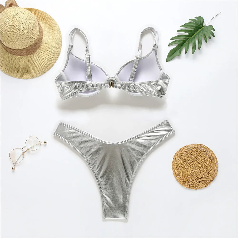 Sexy Metallic Brazilian Bikini Push Up Silver Golden