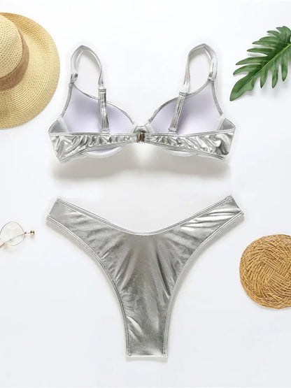 Sexy Metallic Brazilian Bikini Push Up Silver Golden