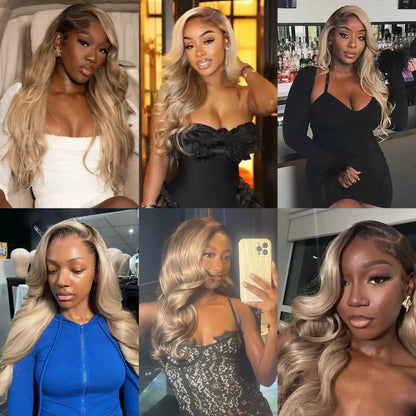 180 Density Brown Roots Ash Blonde Body Wave Lace Frontal