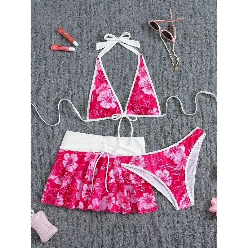 Elegant Floral Color Block Swimsuit Women 2026 Bikini Three-Piece
