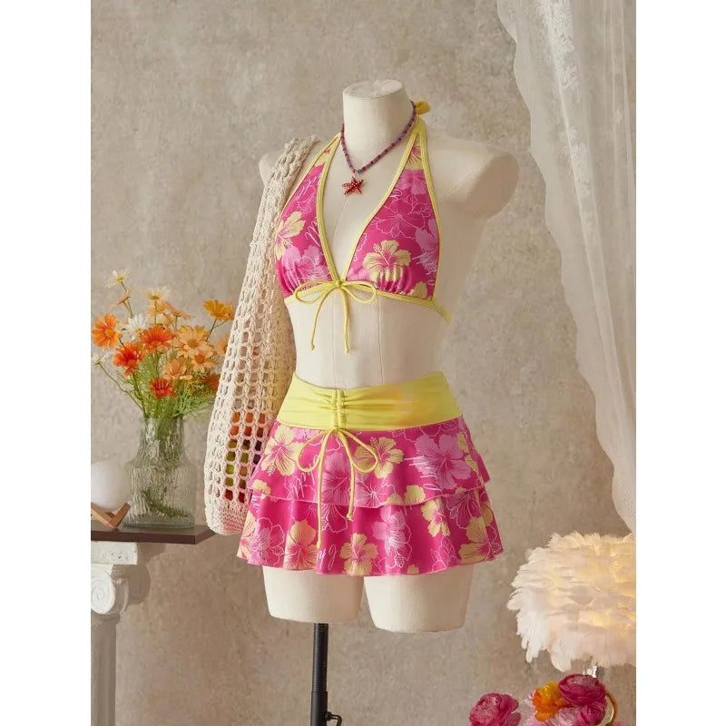 Elegant Floral Color Block Swimsuit Women 2026 Bikini Three-Piece