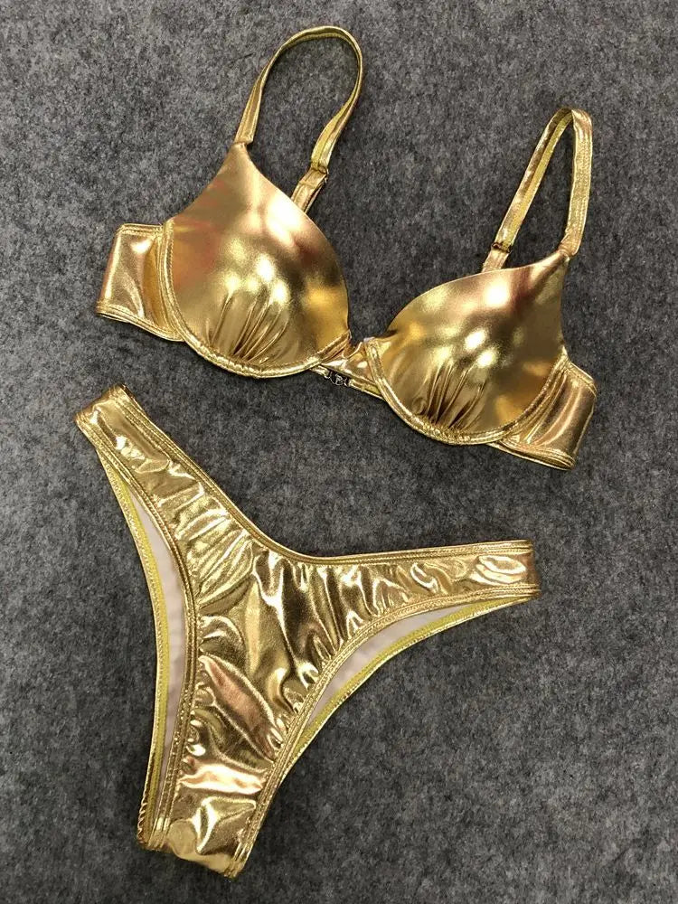 Sexy Metallic Brazilian Bikini Push Up Silver Golden